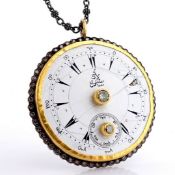 An exquisite necklace made of gold and silver, featuring an antique watch dial adorned with diamond.