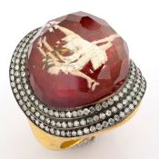 Hand-made gold ring with topaz and brilliant diamonds. Reversely engraved intaglio ballerina