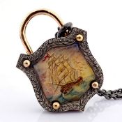 Convertible clasp necklace embellished with gold, micro art, and diamonds on silver