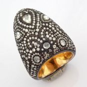 Historical ''zihgir'' archer ring intricately detailed with brilliant diamonds and gold on silver...