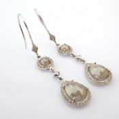 18K white gold earrings detailed, slice cut rough diamond and brilliant diamonds on frame