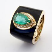 A luxurious gold ring featuring black laser enamel, with vibrant 2.14 ct Emerald and diamonds