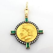 A mythological coin pendant engraved in 24/14-carat gold, silver accents, emeralds and diamonds