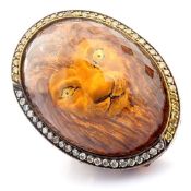 Hand-made gold-silver ring with topaz, reversely engraved intaglio Leo and brilliant diamonds