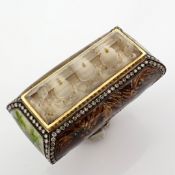 Handmade ring with topaz, reverse-engraved religious intaglio, micro art, diamonds, gold in silver..