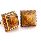 Hand-made Kuka cufflinks, reversely engraved intaglio religious-themed with topaz and diamonds
