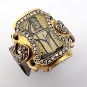 Hand-made and micro-painted cross ring detailed with brilliant diamonds and gold on silver.