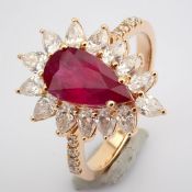 18k rose gold cluster ring , detailed with ruby, pear and brilliant cut diamonds. Total 2.93 ct
