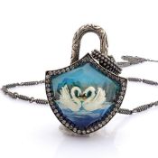 Clasp necklace embellished with gold, topaz, reversely engraved intaglio swan and diamonds on silver