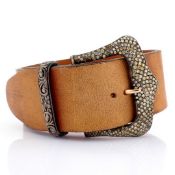 Distressed leather belt bracelet detailed with 1.29 ct brilliant diamonds and gold on silver