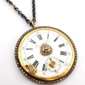 Necklace made of gold and silver, with antique watch dial, with precious colourful stones and diamon
