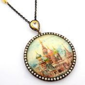 Hand-made necklace detailed with micro-art, pearls on frame, brilliant diamonds and gold in silver..