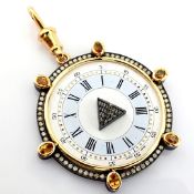 Necklace made of gold and silver, with antique watch dial, precious colourful stones and diamonds