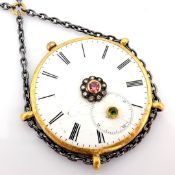 Necklace made of gold and silver with antique watch dial with precious colourful stones and Diamond.