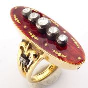 An exquisite ring detailed with red enamel, brilliant diamonds and gold on silver