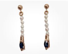 Vintage 9ct Yellow Gold Earrings Beaded Natural Pearl Sapphire Drops