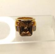 Smokey Quartz & 6 Diamonds Sterling Silver Gold Plated Ring Hallmarked