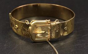 Excalibur Yellow Rolled Gold Ornate Etched Buckle Hinged Bangle Bracelet