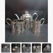 JR&Sons Silver Plated Antique Tea Set x 3 Pce Pot Sugar Milk Jug Engraved Oval