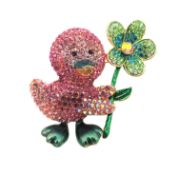 Butler & Wilson Crystal Duck With Flower Brooch New With Gift Box