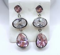 Sterling Silver Pink & White Crystal Drop Earrings New With Gift Box