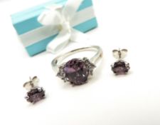 Sterling Silver Amethyst Ring & Earrings Set New With Gift Box