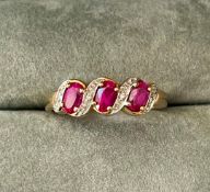 9ct Yellow Gold Ruby & Diamond Three Stone Ring With Valuation