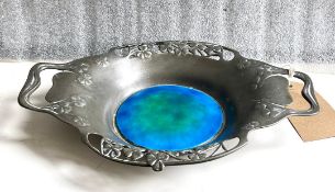 Antique Archibald Knox Arts & Crafts Blue Enamel Pewter Shamrock Bowl