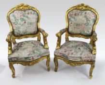 Pair of Carved Giltwood Louis XV Style Upholstered Armchairs
