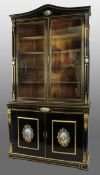 French Brass Inlaid Ebonized Bookcase With Sevres Plaques c.1820