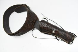 Tooled Brown Leather Western Gun Belt & Holster - RH Draw - For Ruger Vaquero