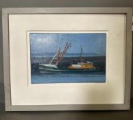 Robert JONES (British b. 1943) Beam Trawler Newlyn, Oil on board, titled and signed verso, 6.75