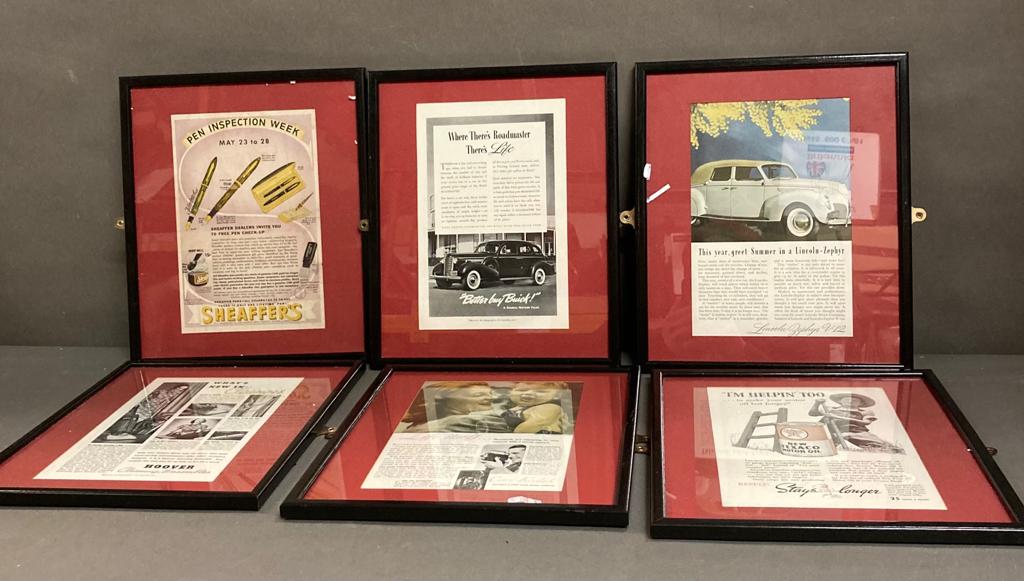A selection of six vintage advertising posters framed to include Shaeffer's, Brick and Hoover