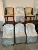 Six Art Deco style dining chairs with walnut frame and faux suede upholstery