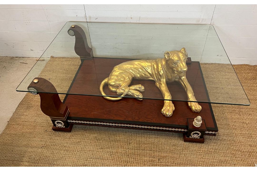 Gold Panther coffee table Neo Classical style with glass top (H50cm W140cm D95cm) - Image 1 of 3