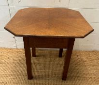 A Mid Century tilt topped work box with green silk interior (H47cm W50c, D5cm)