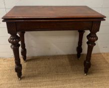 A Victorian card table, fold over top opening to reveal green baize interior on reeded legs and