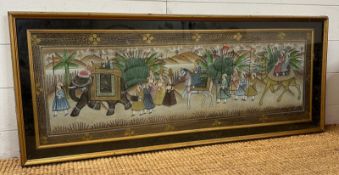 An Indian painting of a rural scene on silk and featuring elephants, a camel and various dignitaries