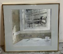 A print of a breakfast scene, a plate and coffee cup to foreground and a country scene though the