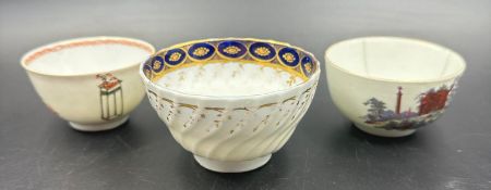 Three tea bowls, two Oriental and another one Newhall, two AF.