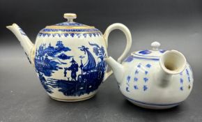 Two blue and white teapots, one Chinese Saki and one blue and white teapot.