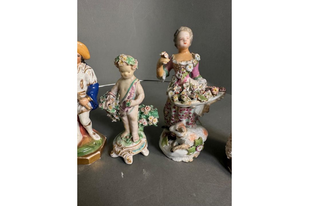 A selection of seven figurines, to include Chelsea and Staffordshire in varying conditions and - Image 4 of 5