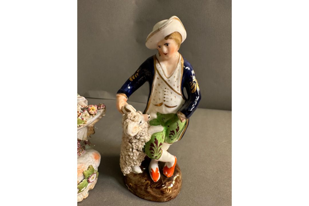 A selection of seven figurines, to include Chelsea and Staffordshire in varying conditions and - Image 3 of 5