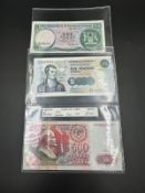 Three bank notes, £1 Royal Bank of Scotland, £5 Clydesdale Bank and 500 Russian Rouble