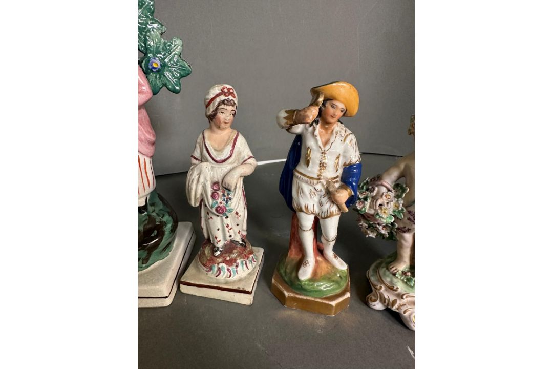 A selection of seven figurines, to include Chelsea and Staffordshire in varying conditions and - Image 5 of 5