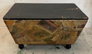 Arts and Craft trunk on ball feet and wooden lidded top (H55cm W94cm D54cm)