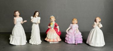 Five Royal Doulton figurines to include Welcome, Christmas Parcels and Rose