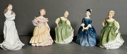 Five Royal Doulton figurines to include Embrace, The Bridesmaid and Fair Maiden