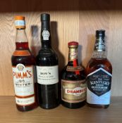 Four bottles of spirits, a Kentucky Bouron, a Drambue, a Pimms Winter and a Dows Special reserve