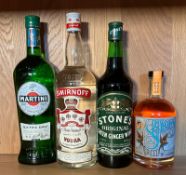 Four bottles of spirits, a Two Sailors Spiced Rum, a Stones Ginger Wine, a Martin Extra Day and a